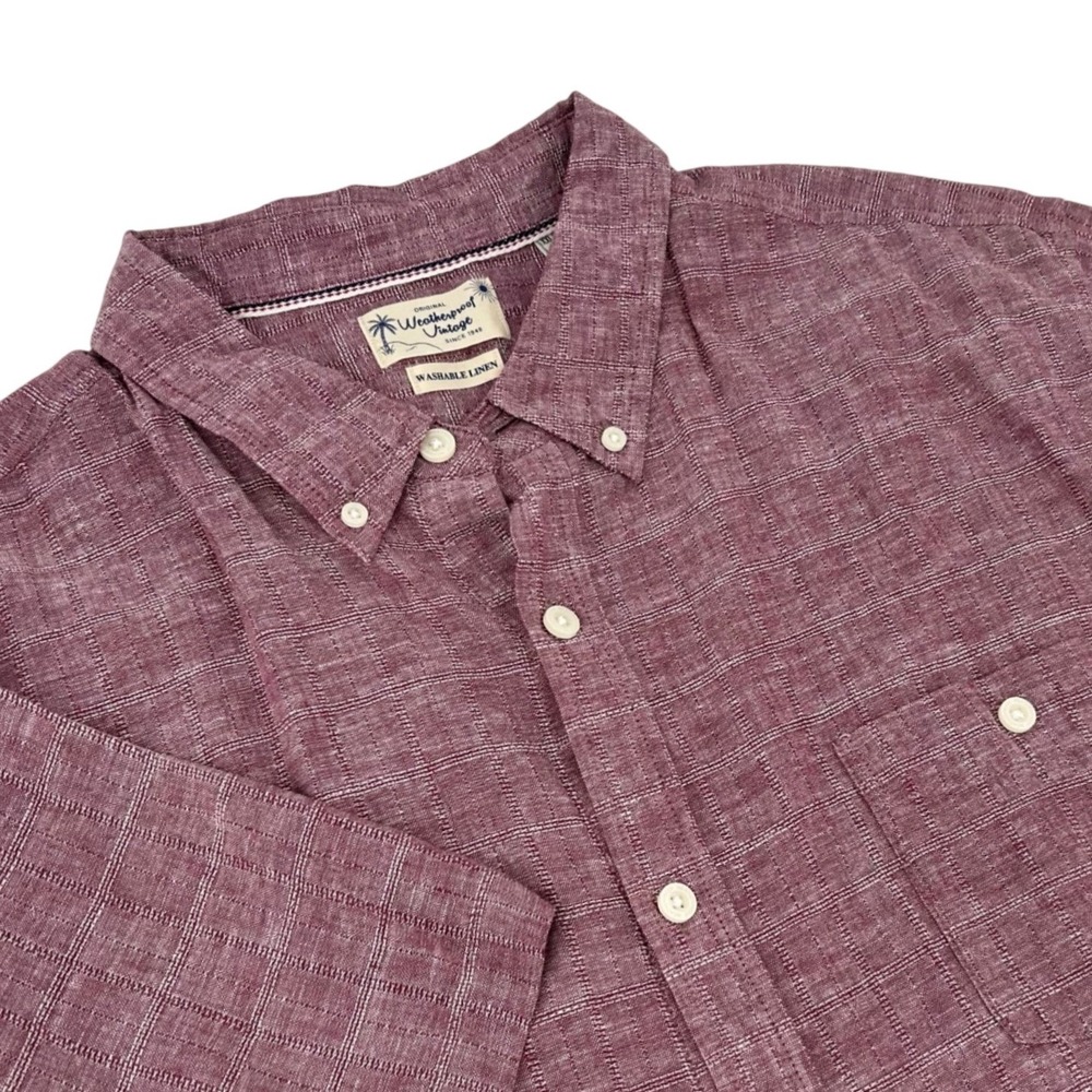 Weatherproof Vintage Mens XXL Washable Linen Short Sleeve Camp Shirt Burgundy